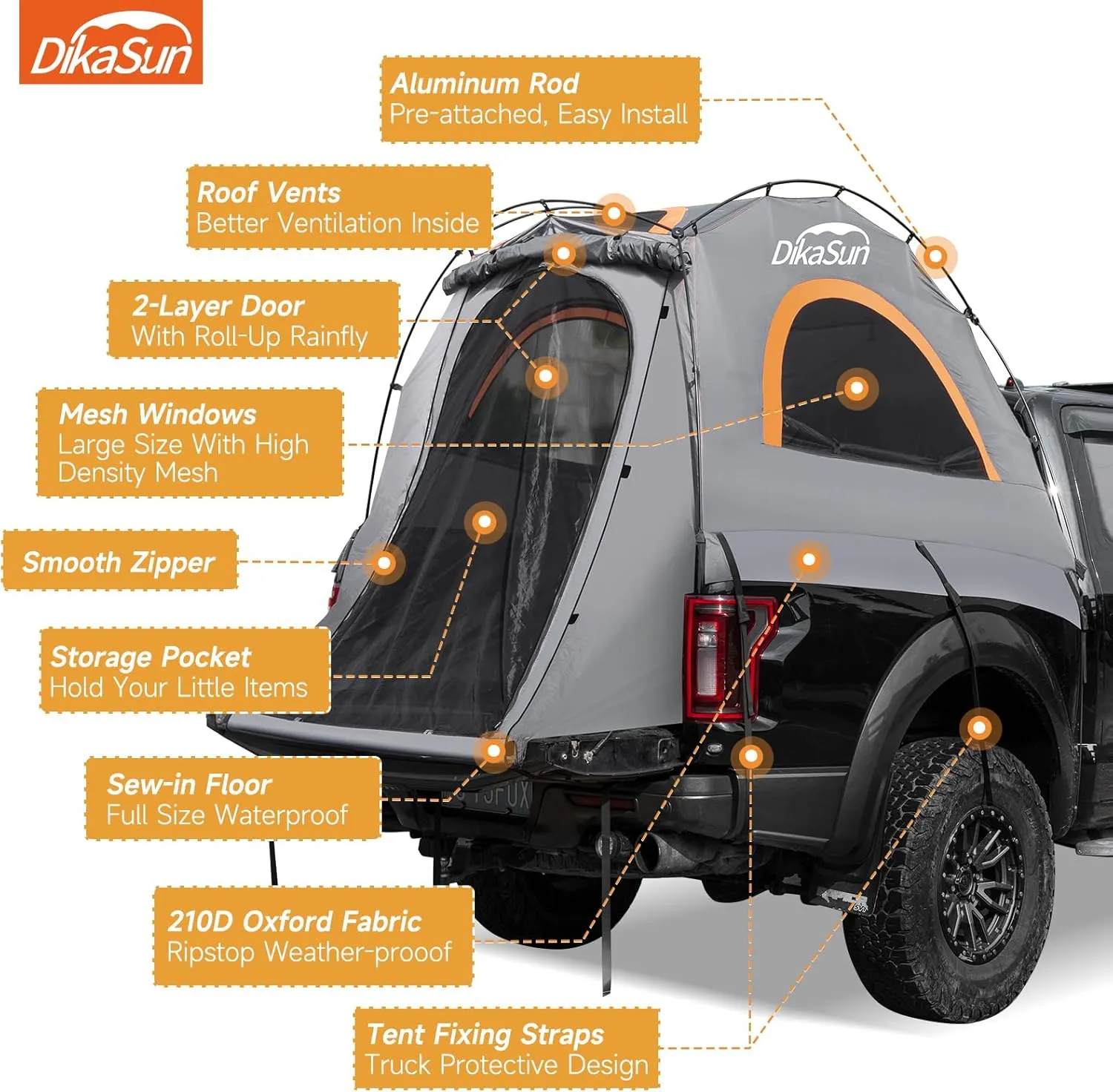 Pickup Truck Bed Tent: Double Layer Quick Setup Pickup Tent 5.5-5.8 Ft, Waterproof PU3000mm Tear-Resistant Truck Tent for Camping (Grey)