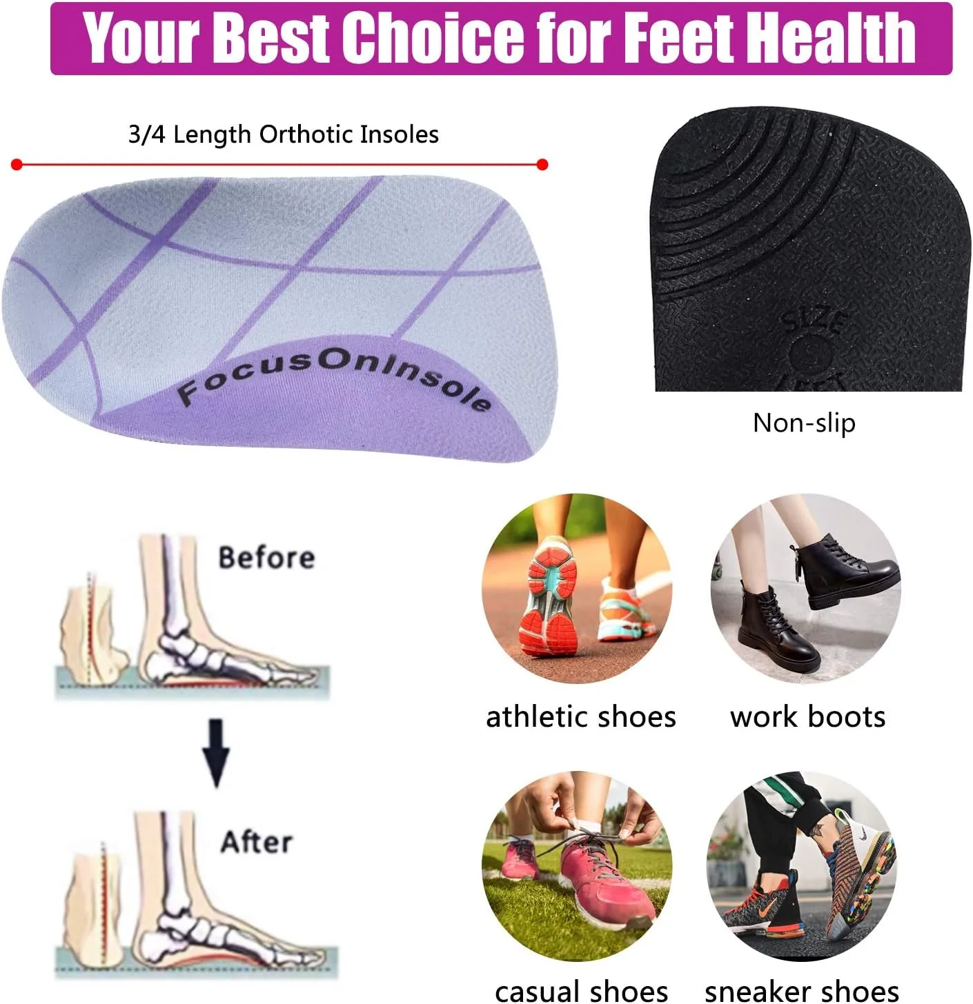 Plantar Fasciitis 3/4 Length Insoles, High Arch Supports Orthotic Insoles, Men/Women, 1 Pair, Flat Feet, Over-Pronation, Heel Spur Pain Relief Shoe Inserts for Walking Running Sport