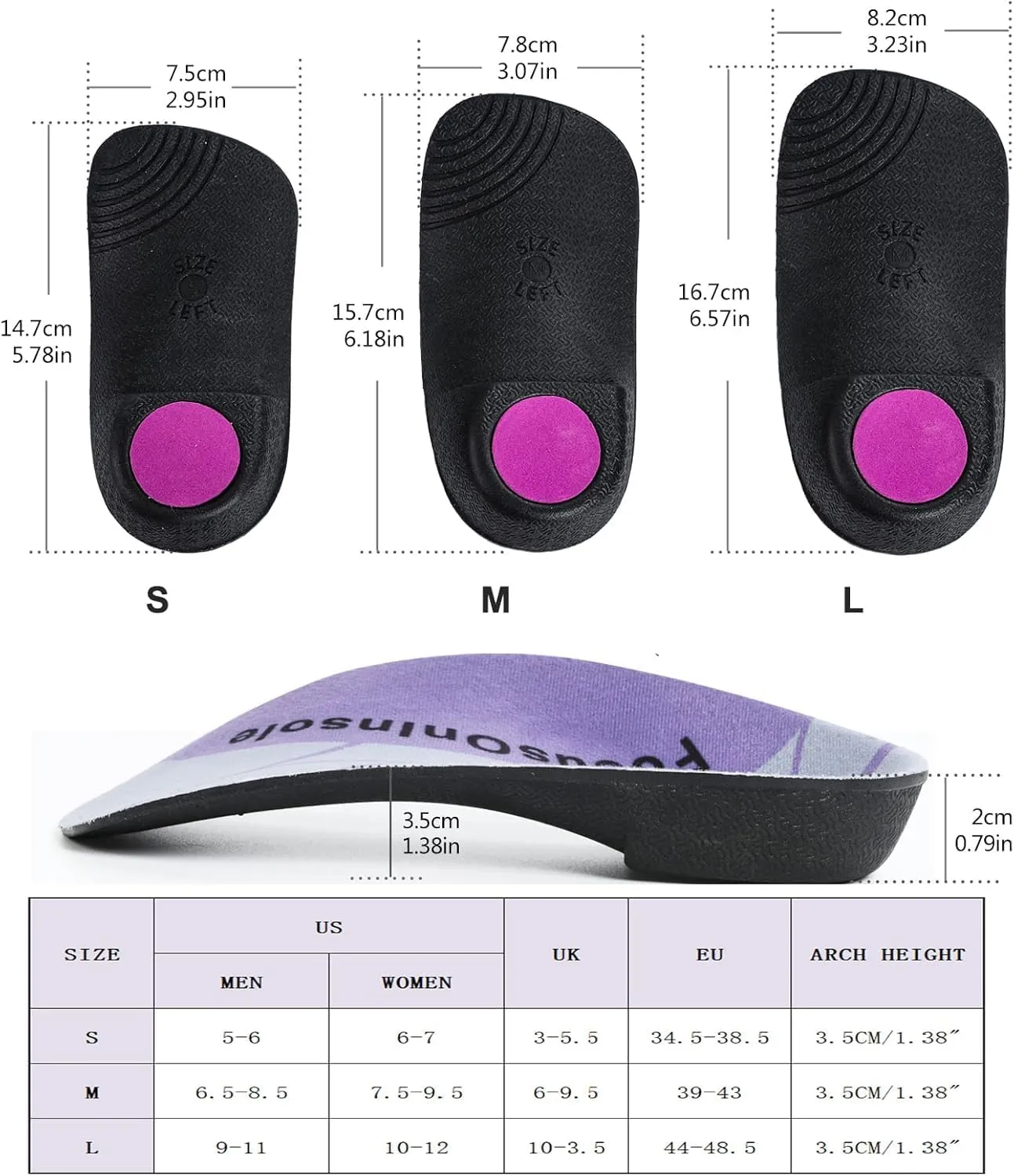 Plantar Fasciitis 3/4 Length Insoles, High Arch Supports Orthotic Insoles, Men/Women, 1 Pair, Flat Feet, Over-Pronation, Heel Spur Pain Relief Shoe Inserts for Walking Running Sport
