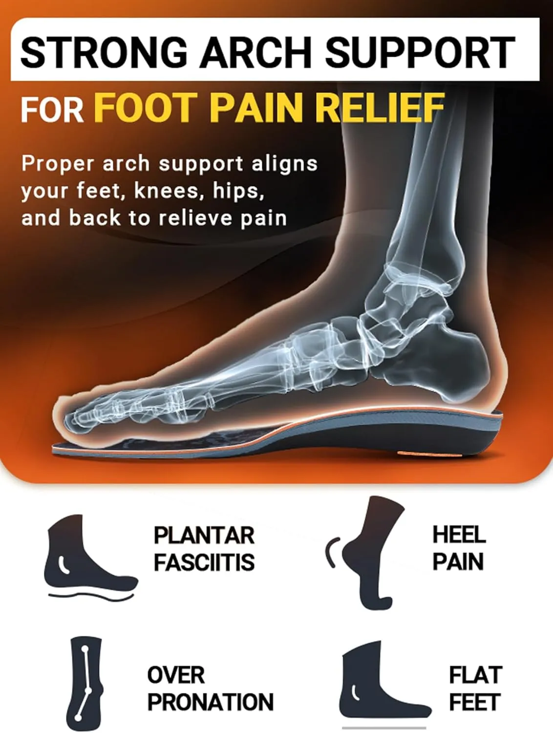 Plantar Fasciitis Insoles Arch Support Inserts for Men & Women - 220  lbs Heavy Duty Cushion Orthotic Inserts - Foot Pain Relief for Flat Feet - Arch Pain - Heel Pain - for Standing All Day