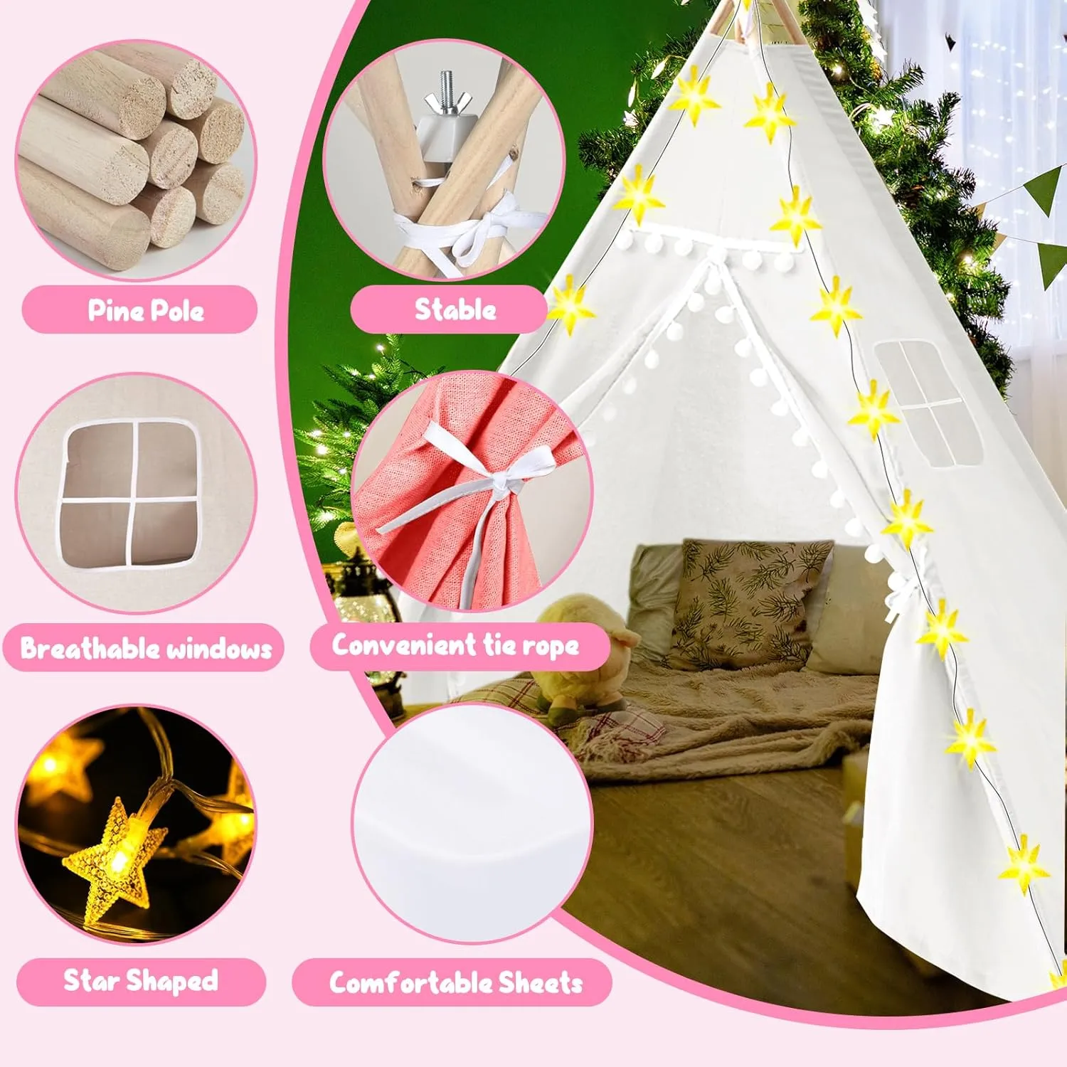 PLULON 4 Pack Kids Teepee Tent Bulk Slumber Party Tents for Girls Sleepover with Inflatable Airbed and Decorations White Play for Birthday Party Christmas Birthday Gift for Kids