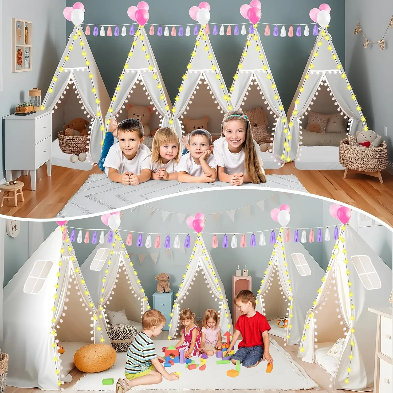 PLULON 4 Pack Kids Teepee Tent Bulk Slumber Party Tents for Girls Sleepover with Inflatable Airbed and Decorations White Play for Birthday Party Christmas Birthday Gift for Kids