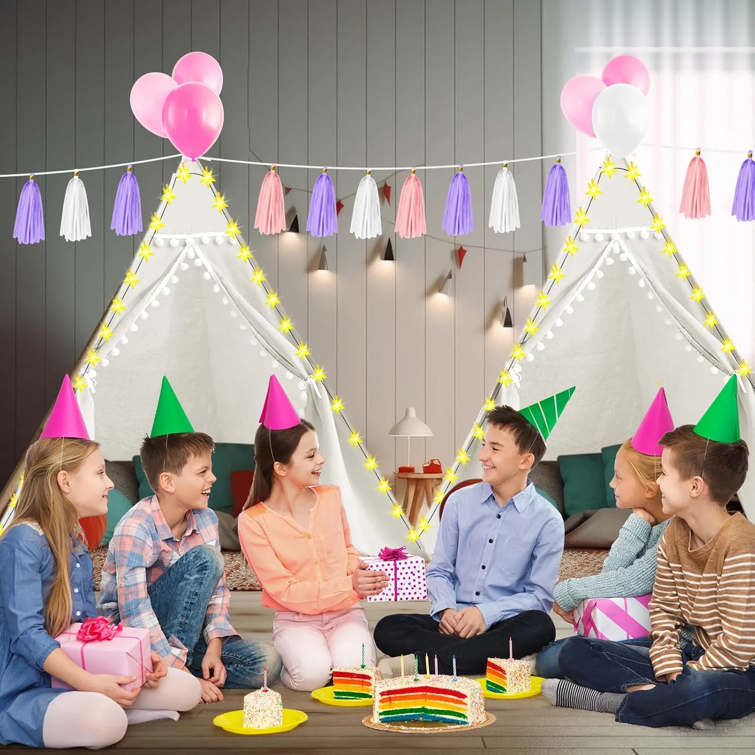 PLULON 4 Pack Kids Teepee Tent Bulk Slumber Party Tents for Girls Sleepover with Inflatable Airbed and Decorations White Play for Birthday Party Christmas Birthday Gift for Kids