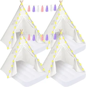 PLULON 4 Pack Kids Teepee Tent Bulk Slumber Party Tents for Girls Sleepover with Inflatable Airbed and Decorations White Play for Birthday Party Christmas Birthday Gift for Kids