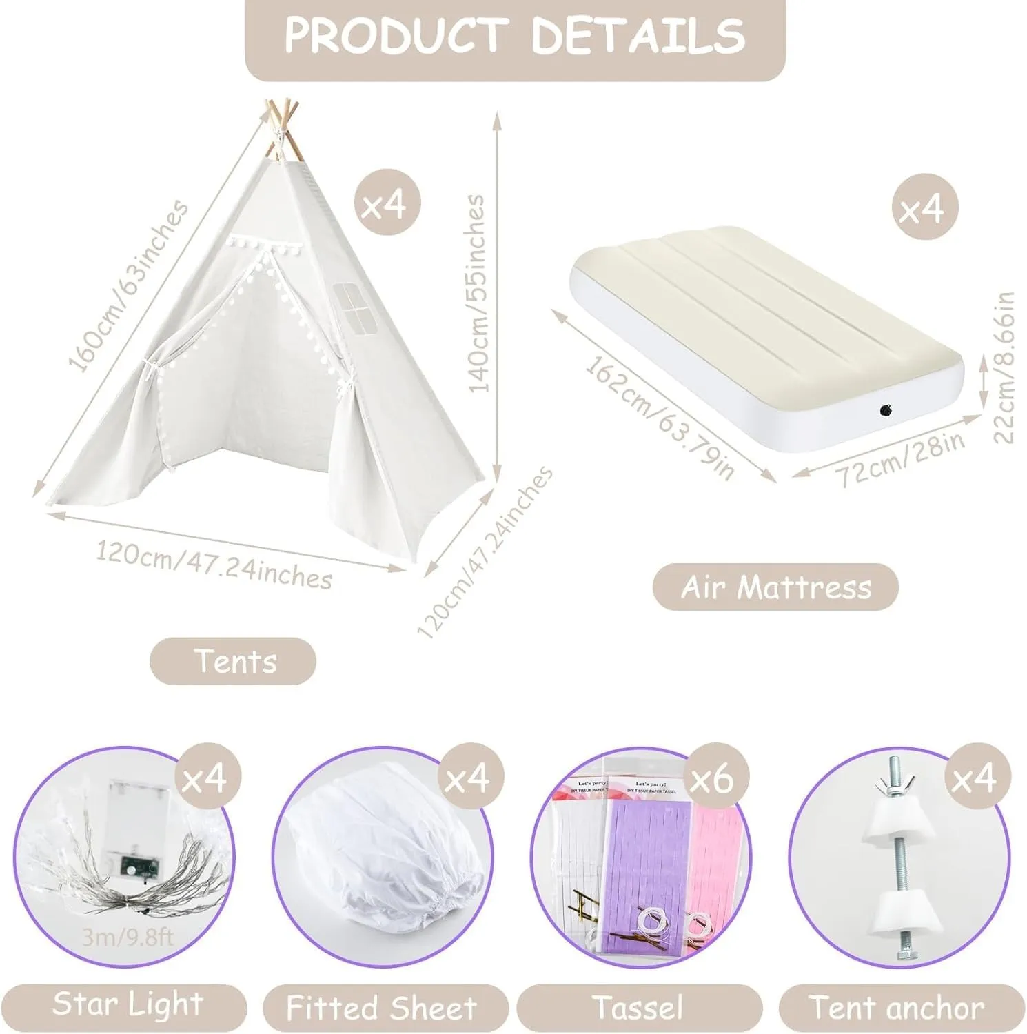 PLULON 4 Pack Kids Teepee Tent Bulk Slumber Party Tents for Girls Sleepover with Inflatable Airbed and Decorations White Play for Birthday Party Christmas Birthday Gift for Kids