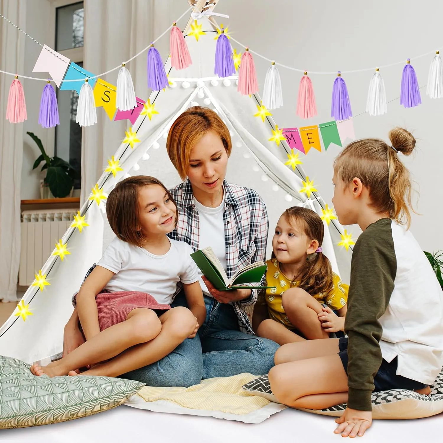 PLULON 4 Pack Kids Teepee Tent Bulk Slumber Party Tents for Girls Sleepover with Inflatable Airbed and Decorations White Play for Birthday Party Christmas Birthday Gift for Kids