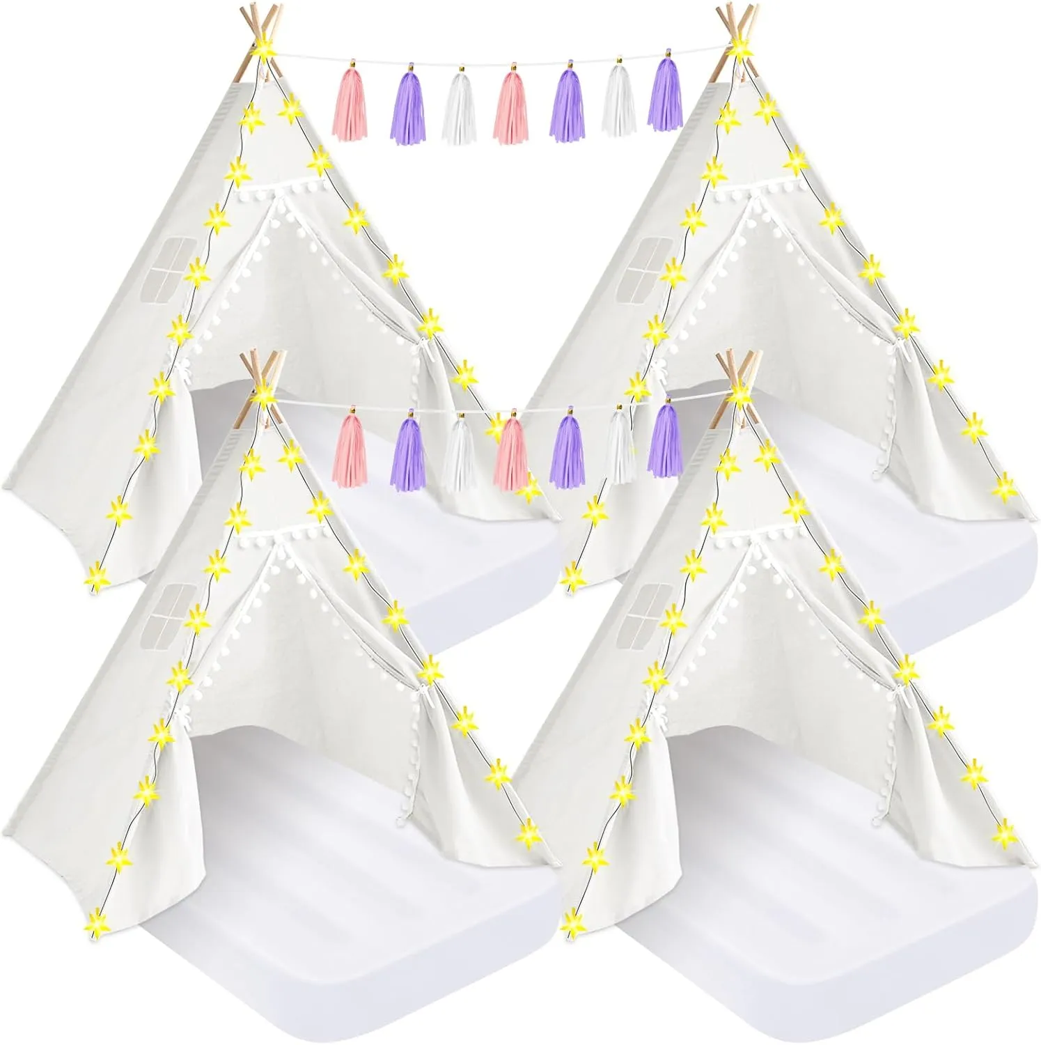 PLULON 4 Pack Kids Teepee Tent Bulk Slumber Party Tents for Girls Sleepover with Inflatable Airbed and Decorations White Play for Birthday Party Christmas Birthday Gift for Kids