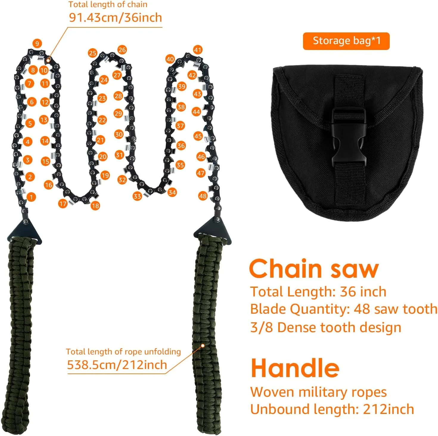 Pocket Chainsaw 36 inch 48 Teeth/16 Teeth Camping Chain Saws with Paracord Handle Folding Hand Chain Saw Portable Handheld Survival Chain Saw for Wood Cutting Camping Hiking, Military Green/61(Dense t