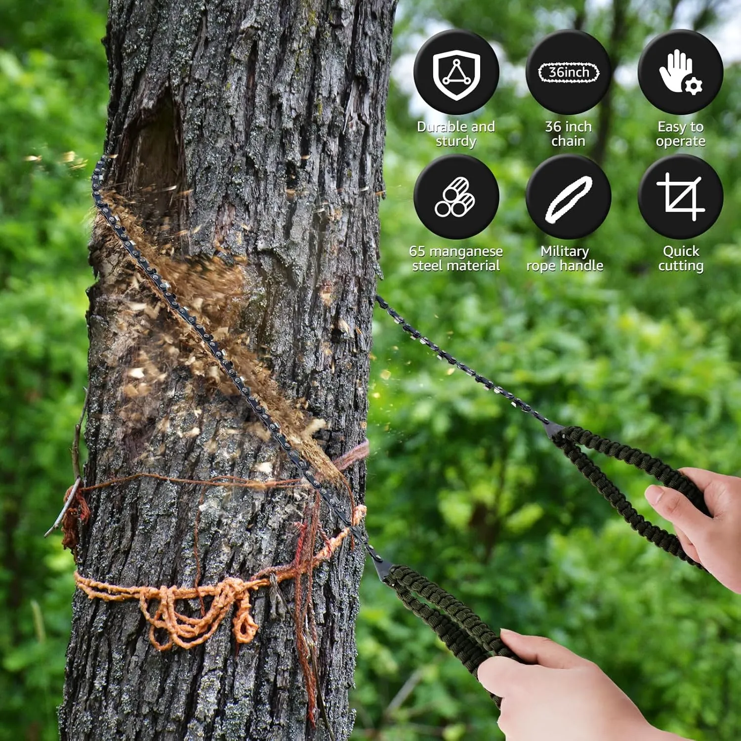 Pocket Chainsaw 36 inch 48 Teeth/16 Teeth Camping Chain Saws with Paracord Handle Folding Hand Chain Saw Portable Handheld Survival Chain Saw for Wood Cutting Camping Hiking, Military Green/61(Dense t