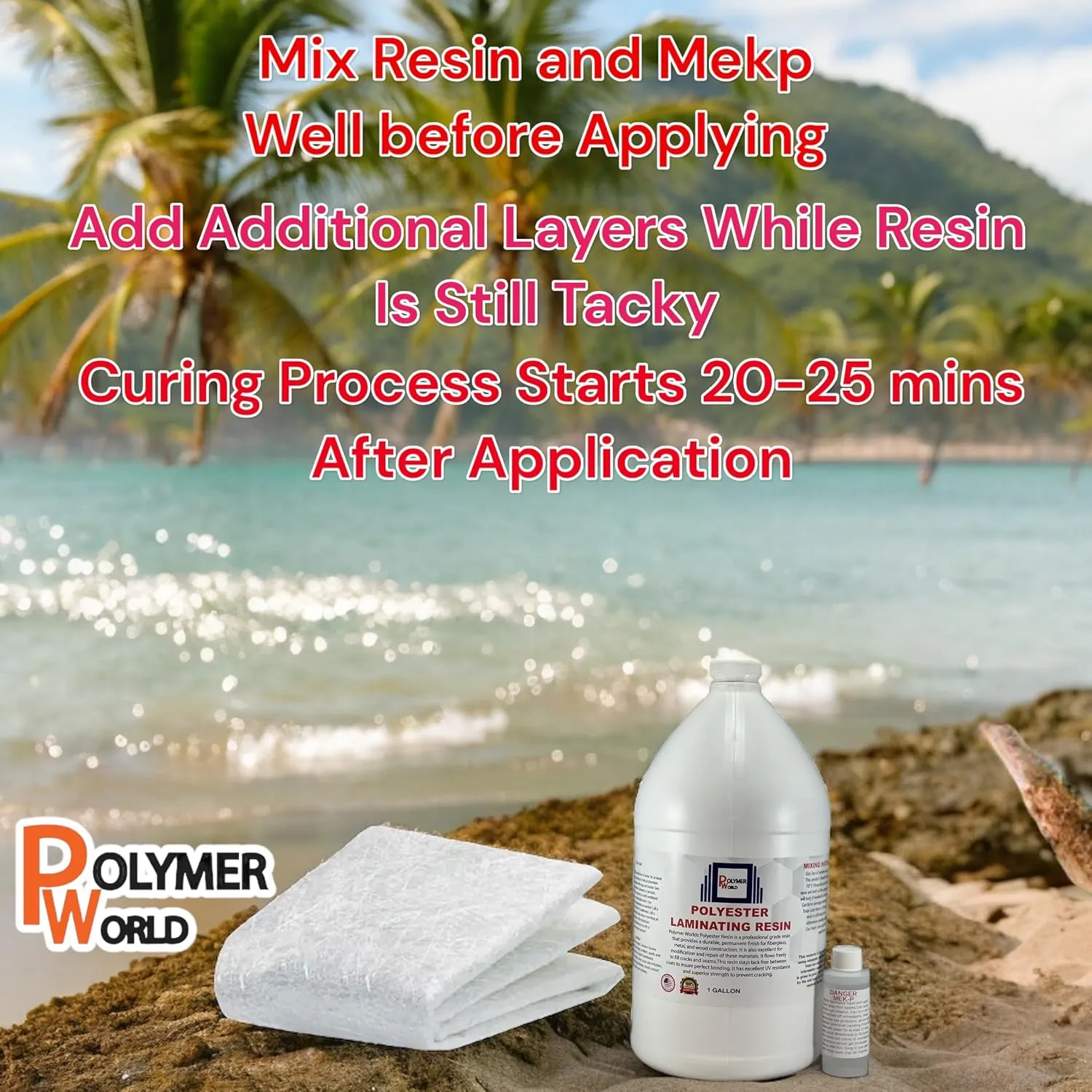 Polymer World- 1 Gal Polyester Resin with Rolled .75x50x5 Yard Chopped Strand Mat, Fiberglass Kit for Boats, Cars, Surfboard, RV, Canoes, Jetski, Watercraft, with MEKP