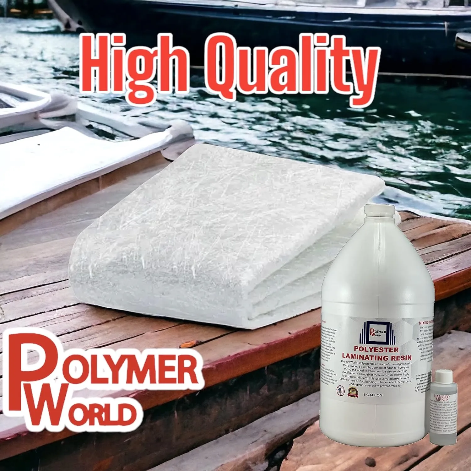 Polymer World- 1 Gal Polyester Resin with Rolled .75x50x5 Yard Chopped Strand Mat, Fiberglass Kit for Boats, Cars, Surfboard, RV, Canoes, Jetski, Watercraft, with MEKP