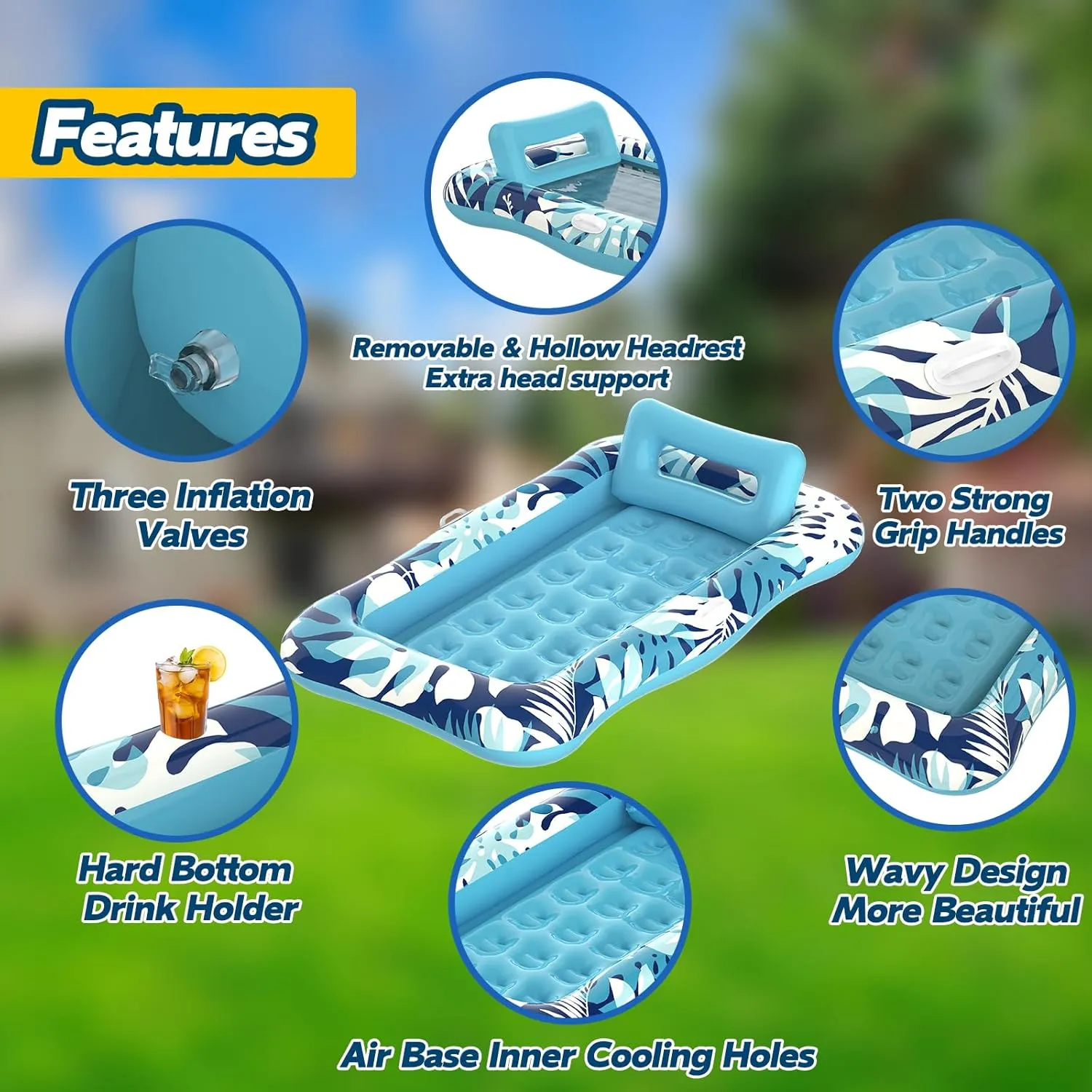 Pool Floats Adult,76" x 48" XL Inflatable Tanning Pool Lounger Float with Pillow,4 in 1 Suntan Tub Sunbathing Raft Floatie Water-Filled Mattress Kids Pool Ball Pit,Perfect for Lake River Party & Relax