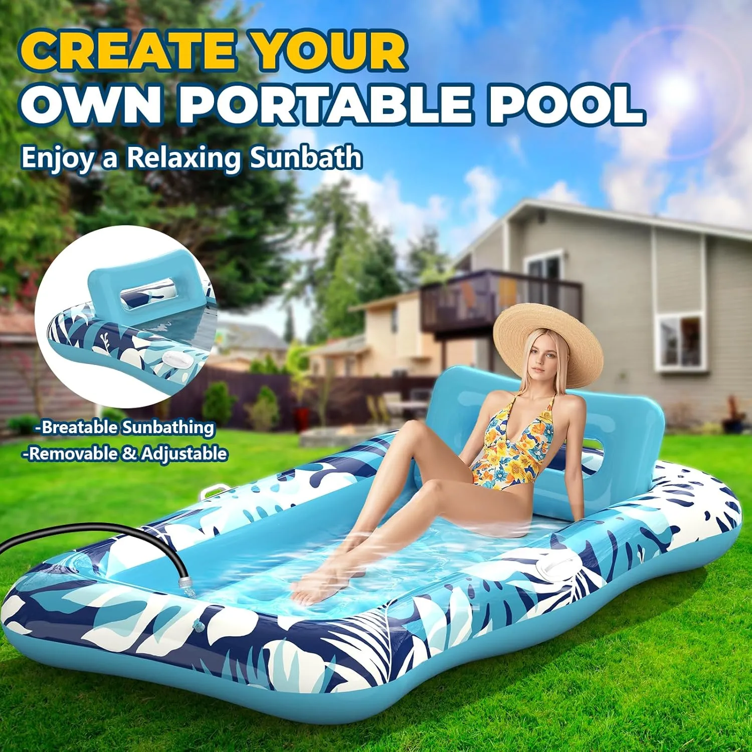 Pool Floats Adult,76" x 48" XL Inflatable Tanning Pool Lounger Float with Pillow,4 in 1 Suntan Tub Sunbathing Raft Floatie Water-Filled Mattress Kids Pool Ball Pit,Perfect for Lake River Party & Relax