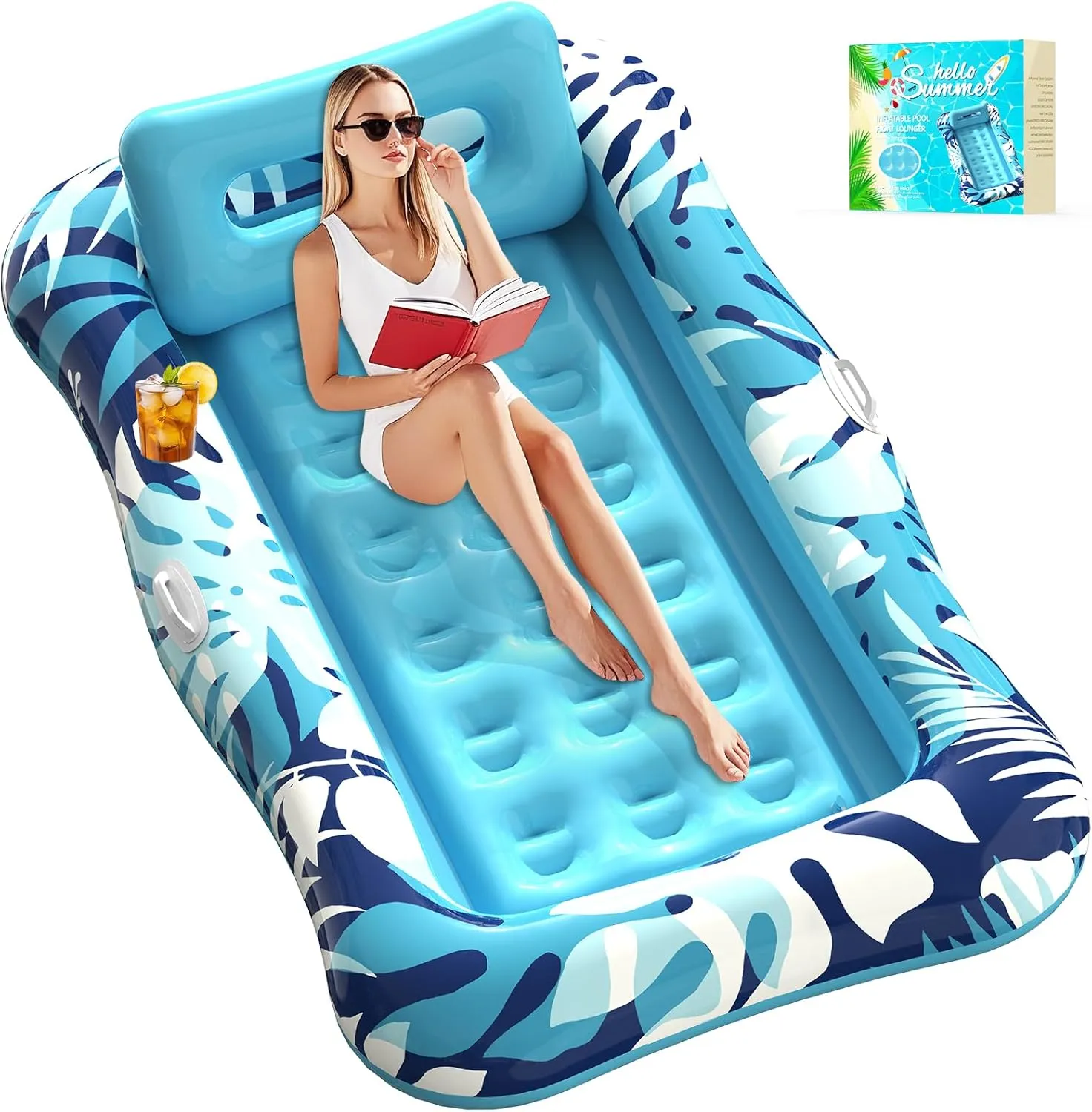 Pool Floats Adult,76" x 48" XL Inflatable Tanning Pool Lounger Float with Pillow,4 in 1 Suntan Tub Sunbathing Raft Floatie Water-Filled Mattress Kids Pool Ball Pit,Perfect for Lake River Party & Relax