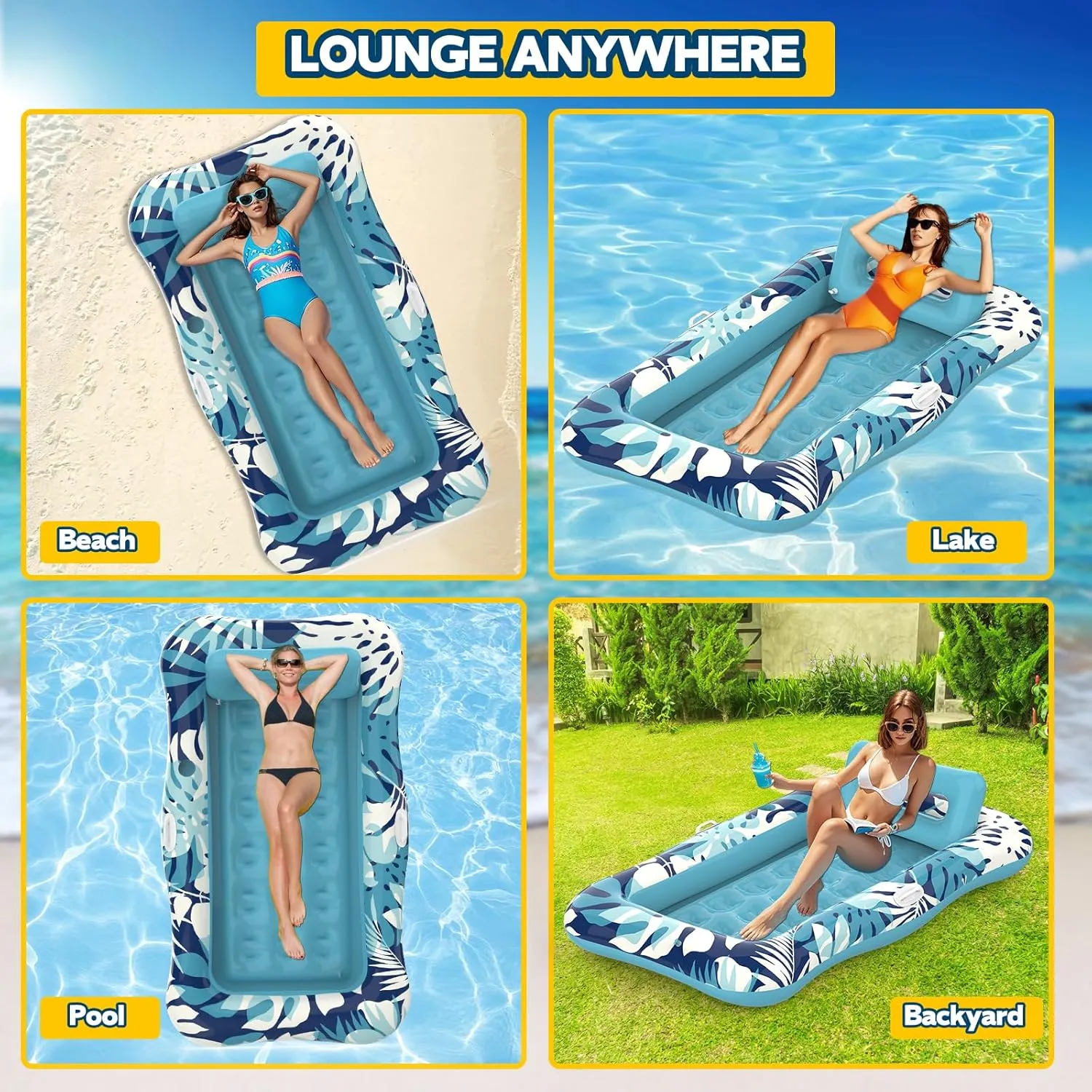 Pool Floats Adult,76" x 48" XL Inflatable Tanning Pool Lounger Float with Pillow,4 in 1 Suntan Tub Sunbathing Raft Floatie Water-Filled Mattress Kids Pool Ball Pit,Perfect for Lake River Party & Relax