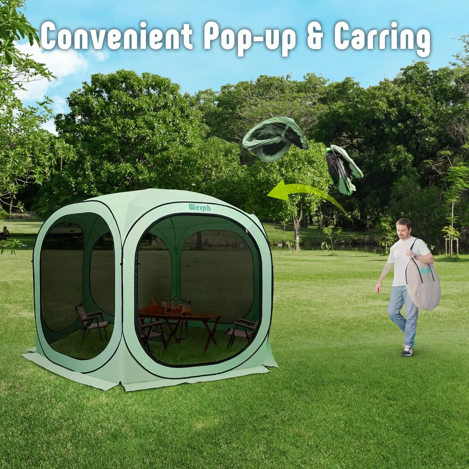 Pop Up Screen Tent Canopy, Portable Screen Canopy with Mosquito Net, Outdoor Screen Room Tent 12 x12 FT with Carry Bag for Lawn & Garden, Parties, Green