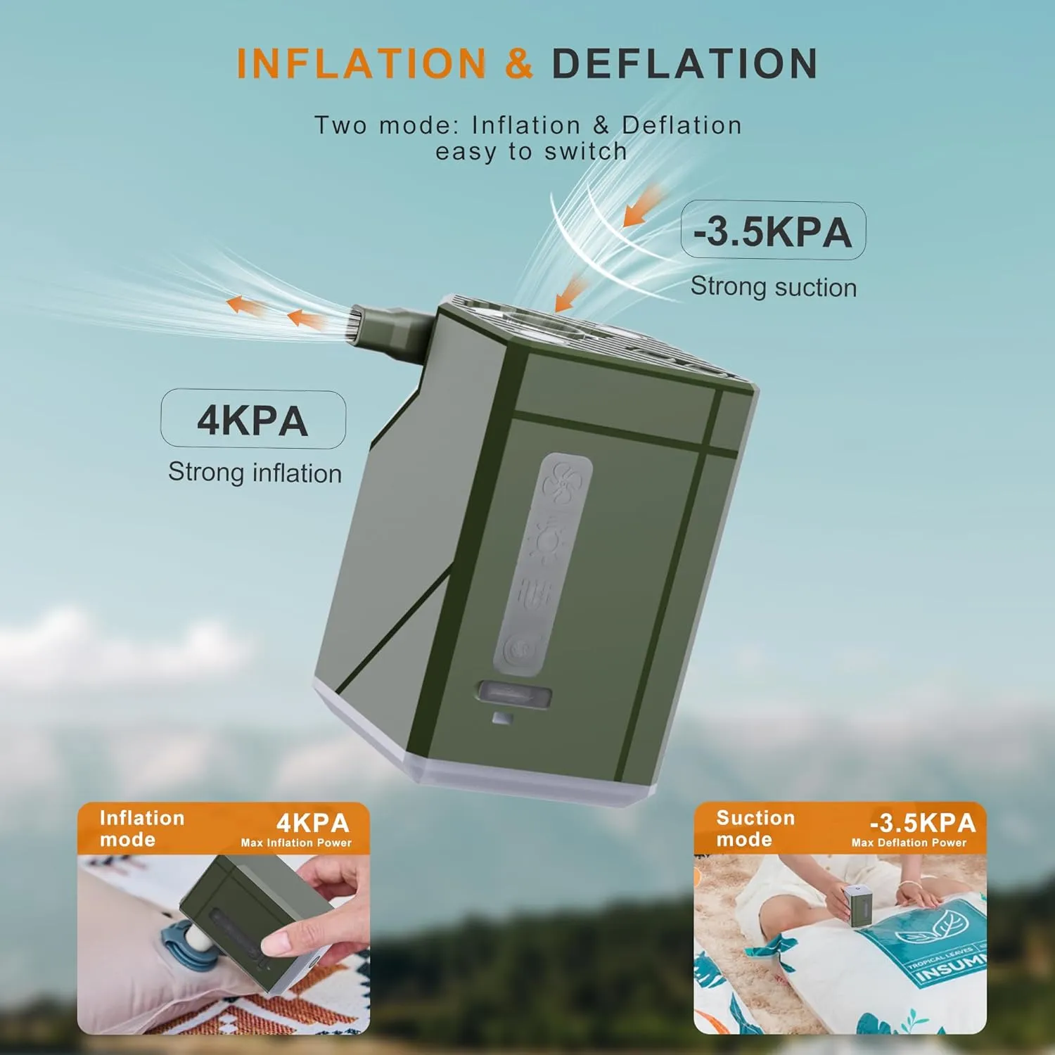 Portable Air Pump for Inflatables Mini Air Mattress Pump 3000mAh Battery USB Rechargeable Air Pump Camping Light & Fan Charging Suitable for air mattres, Vacuum Storage Bags, Swimming Ring