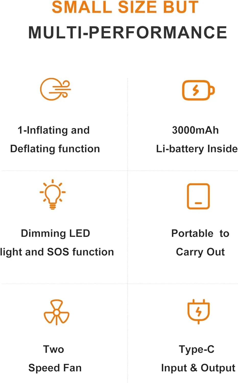 Portable Air Pump for Inflatables Mini Air Mattress Pump 3000mAh Battery USB Rechargeable Air Pump Camping Light & Fan Charging Suitable for air mattres, Vacuum Storage Bags, Swimming Ring