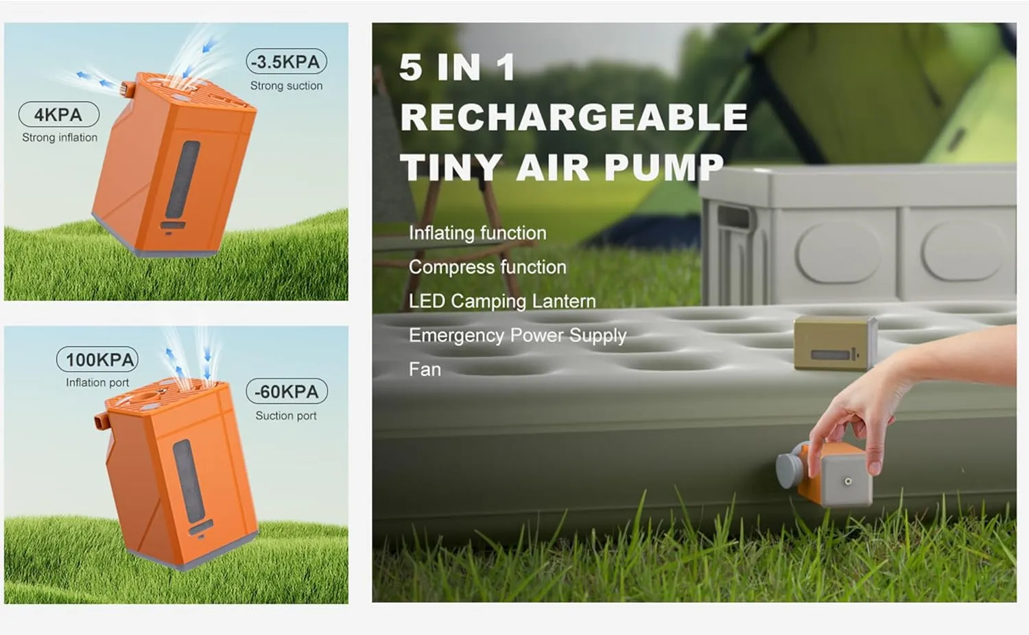 Portable Air Pump for Inflatables Mini Air Mattress Pump 3000mAh Battery USB Rechargeable Air Pump Camping Light & Fan Charging Suitable for air mattres, Vacuum Storage Bags, Swimming Ring