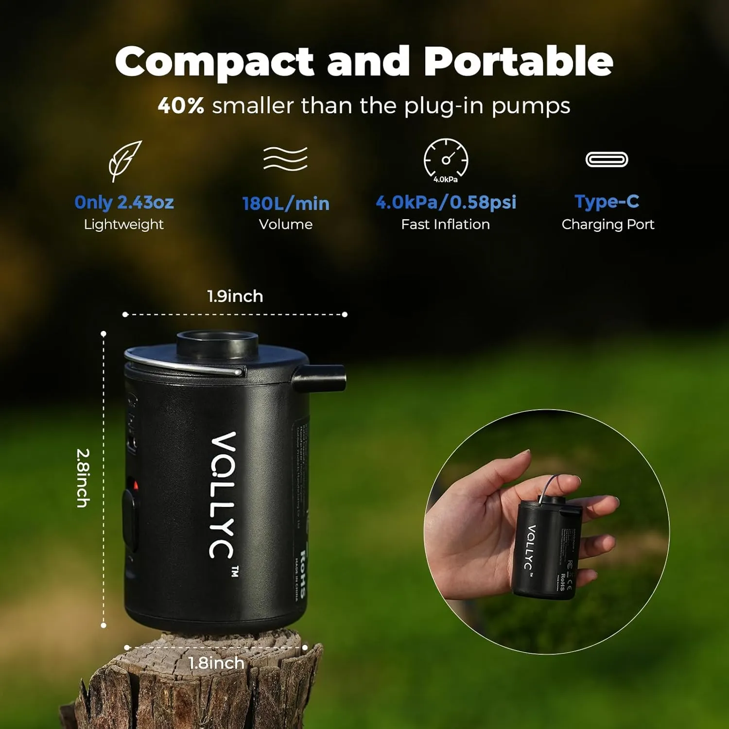 Portable Air Pump for Inflatables, VOLLYC Electric Mini Air Mattress Pump with USB Rechargeable to Inflate/Deflate - Perfect for Camping, Pool Floats, Air Mattress, Vacuum Storage Bags