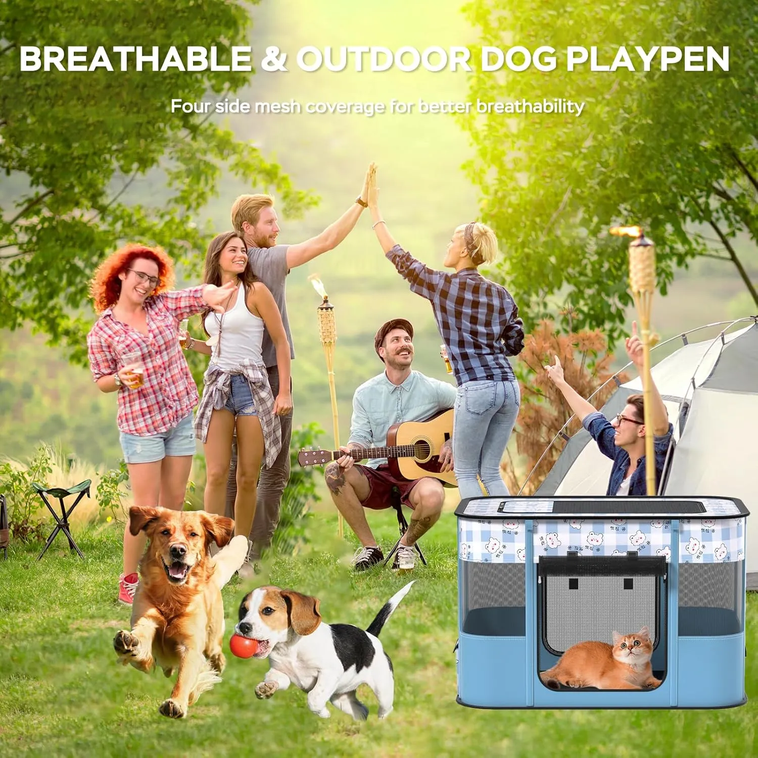 Portable Pet Playpen Cat Cages Indoor， 35.4" L x 27.6" W x 23.6" H Collapsible Dog Crates Made of 600D Oxford Material Tent Kennel Playpen for Dogs Cat and Rabbit Travel Dog Playpen Indoor (L, Blue)