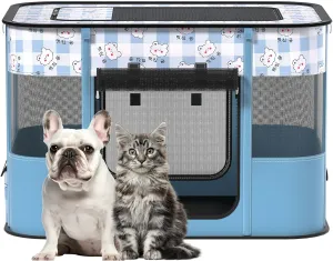 Portable Pet Playpen Cat Cages Indoor， 35.4" L x 27.6" W x 23.6" H Collapsible Dog Crates Made of 600D Oxford Material Tent Kennel Playpen for Dogs Cat and Rabbit Travel Dog Playpen Indoor (L, Blue)