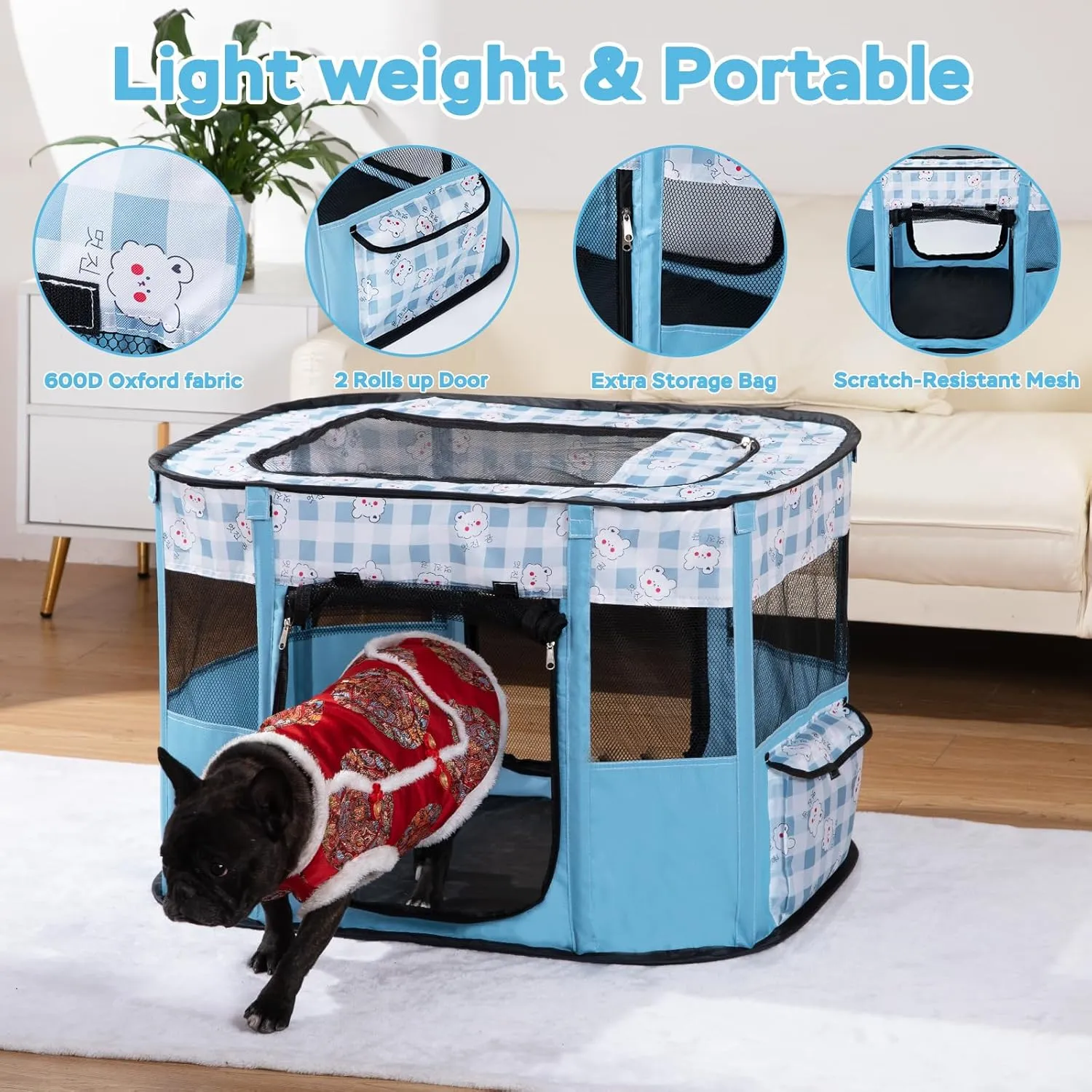 Portable Pet Playpen Cat Cages Indoor， 35.4" L x 27.6" W x 23.6" H Collapsible Dog Crates Made of 600D Oxford Material Tent Kennel Playpen for Dogs Cat and Rabbit Travel Dog Playpen Indoor (L, Blue)