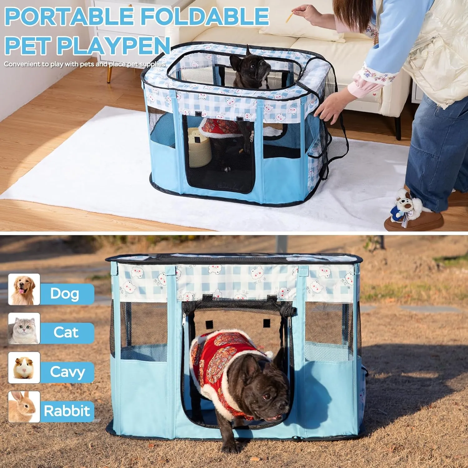 Portable Pet Playpen Cat Cages Indoor， 35.4" L x 27.6" W x 23.6" H Collapsible Dog Crates Made of 600D Oxford Material Tent Kennel Playpen for Dogs Cat and Rabbit Travel Dog Playpen Indoor (L, Blue)