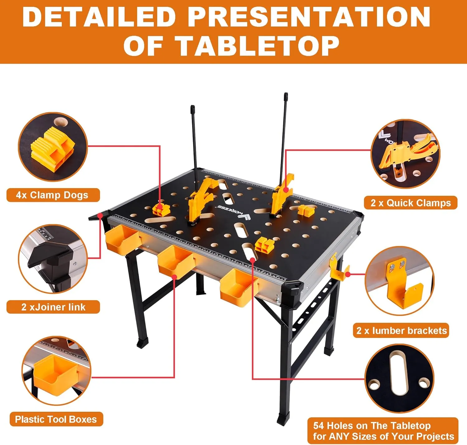 Portable Workbench 1000Lbs Capacity Heavy Duty Folding Work Table with 2 Quick Clamps, 4 Bench Dogs, 3 Tool Boxes for Garage Easy Storage