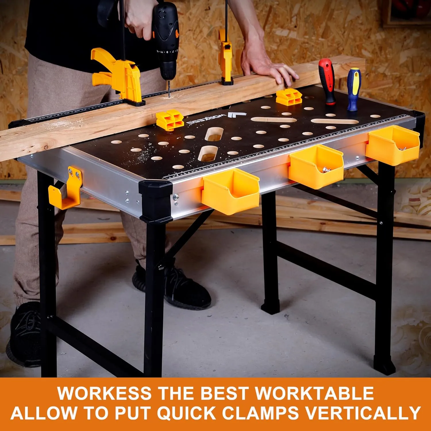 Portable Workbench 1000Lbs Capacity Heavy Duty Folding Work Table with 2 Quick Clamps, 4 Bench Dogs, 3 Tool Boxes for Garage Easy Storage