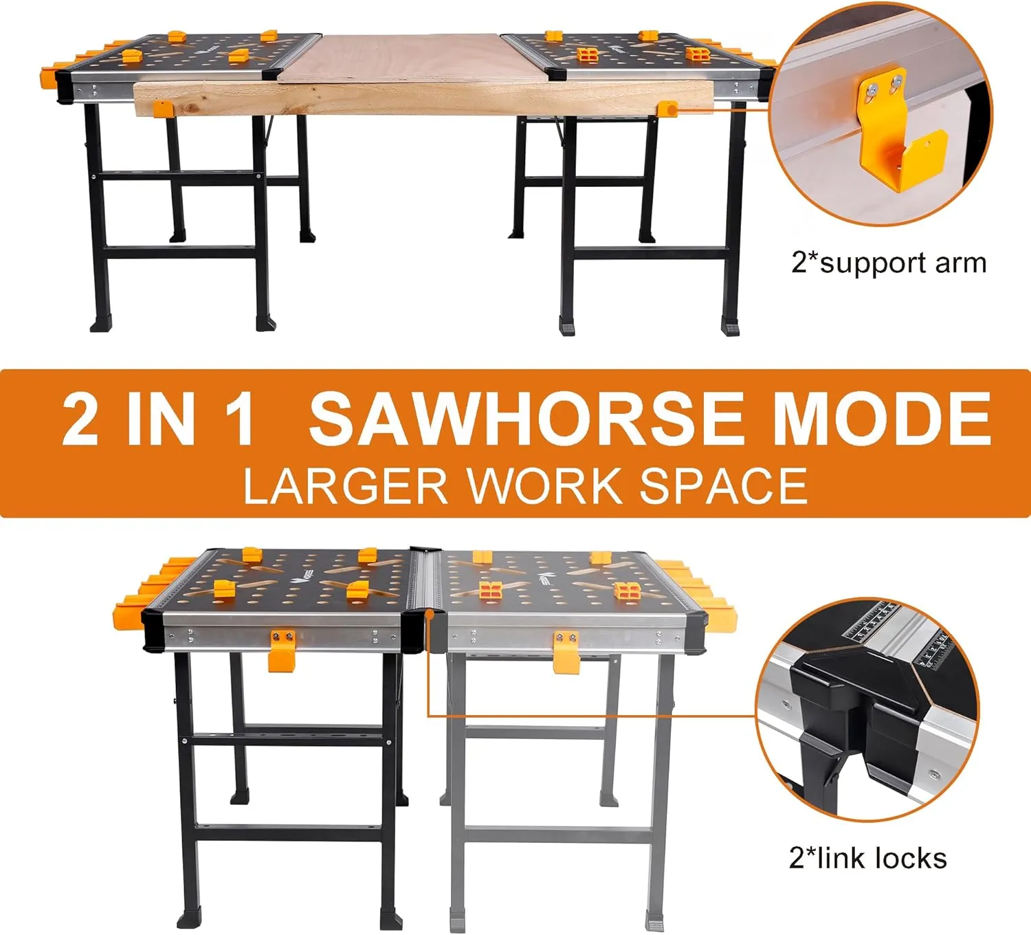 Portable Workbench 1000Lbs Capacity Heavy Duty Folding Work Table with 2 Quick Clamps, 4 Bench Dogs, 3 Tool Boxes for Garage Easy Storage