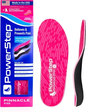 PowerStep Pinnacle Pink Orthotics for Women - Arch Support Inserts for Plantar Fasciitis Relief- Made in USA- Maximum Cushioning Arch Support, Deep Heel Cup for Pronation (W 8-8.5, M 6-6.5)