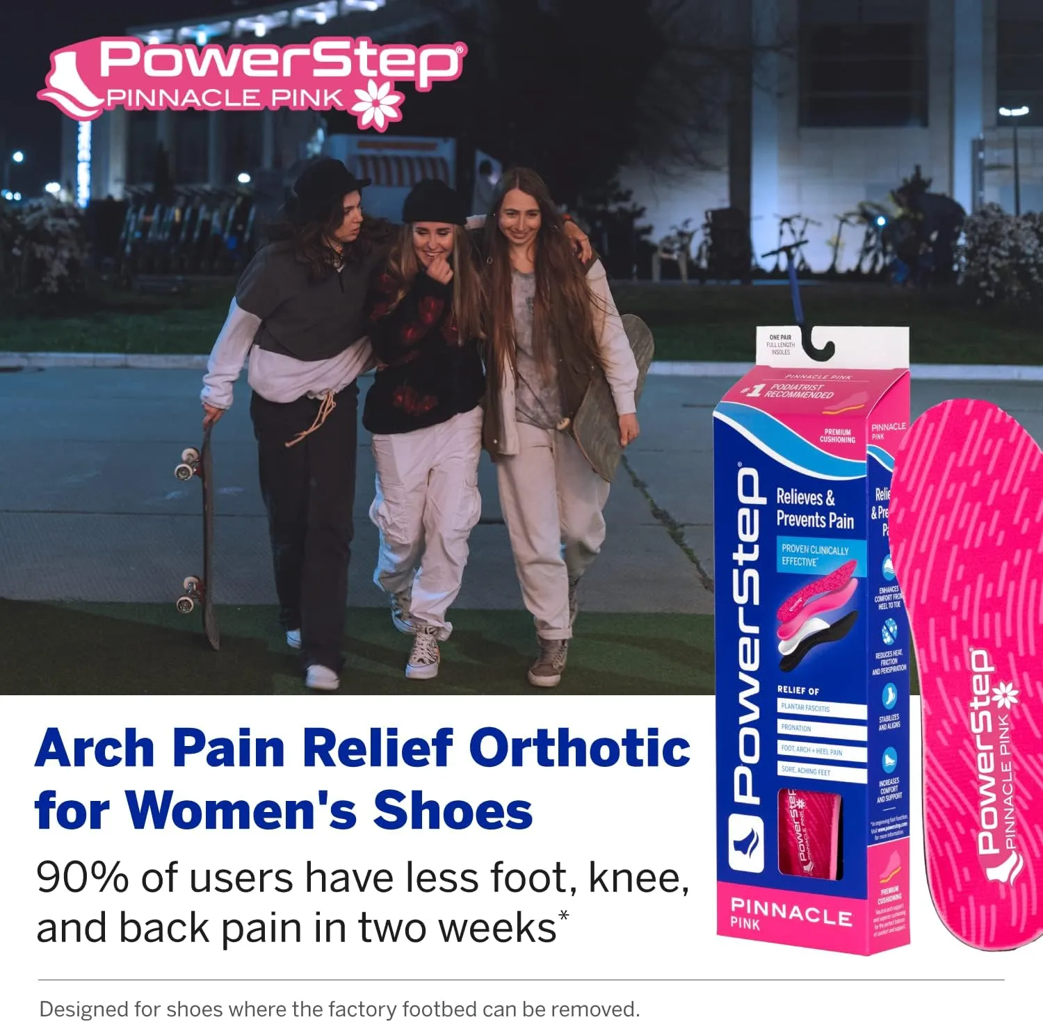 PowerStep Pinnacle Pink Orthotics for Women - Arch Support Inserts for Plantar Fasciitis Relief- Made in USA- Maximum Cushioning Arch Support, Deep Heel Cup for Pronation (W 8-8.5, M 6-6.5)