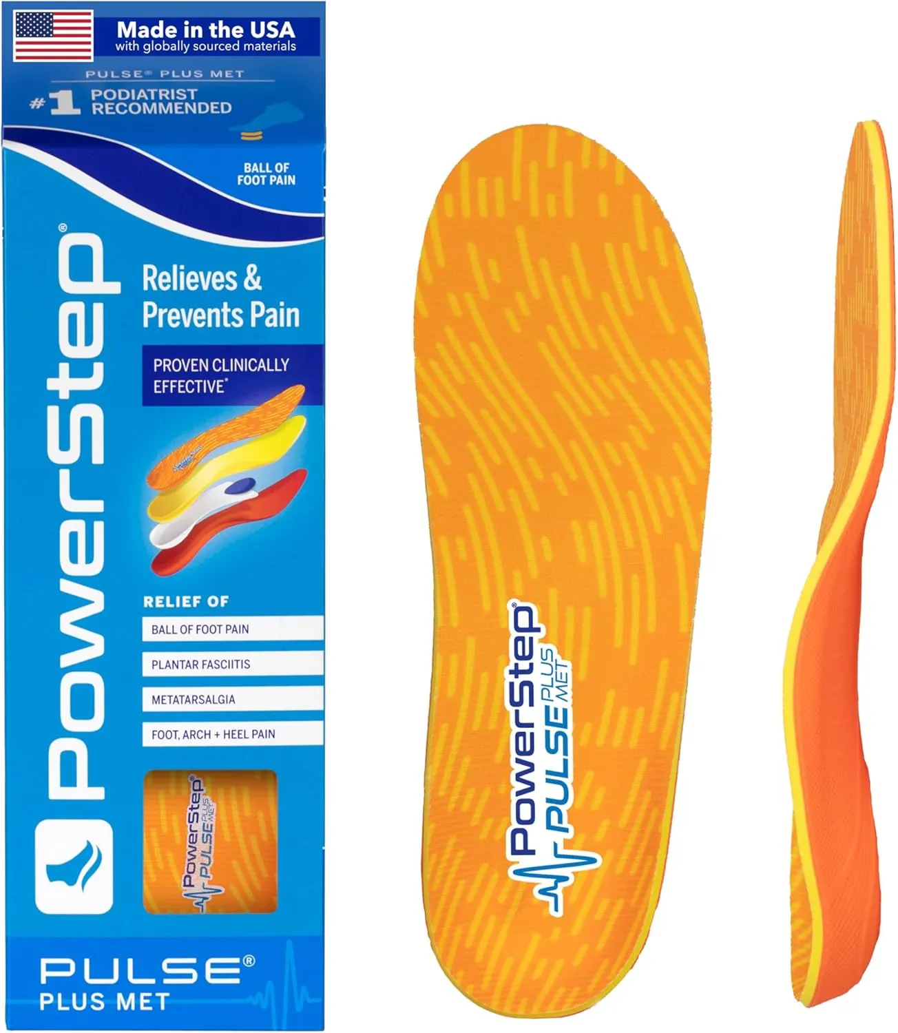 PowerStep Pulse Plus Ball of Foot Pain Relief Shoe Insoles - Running Shoe Orthotics for Metatarsal Foot Pain, and Morton's Neuroma Relief - Made in The USA (M 6-6.5, F 8-8.5)