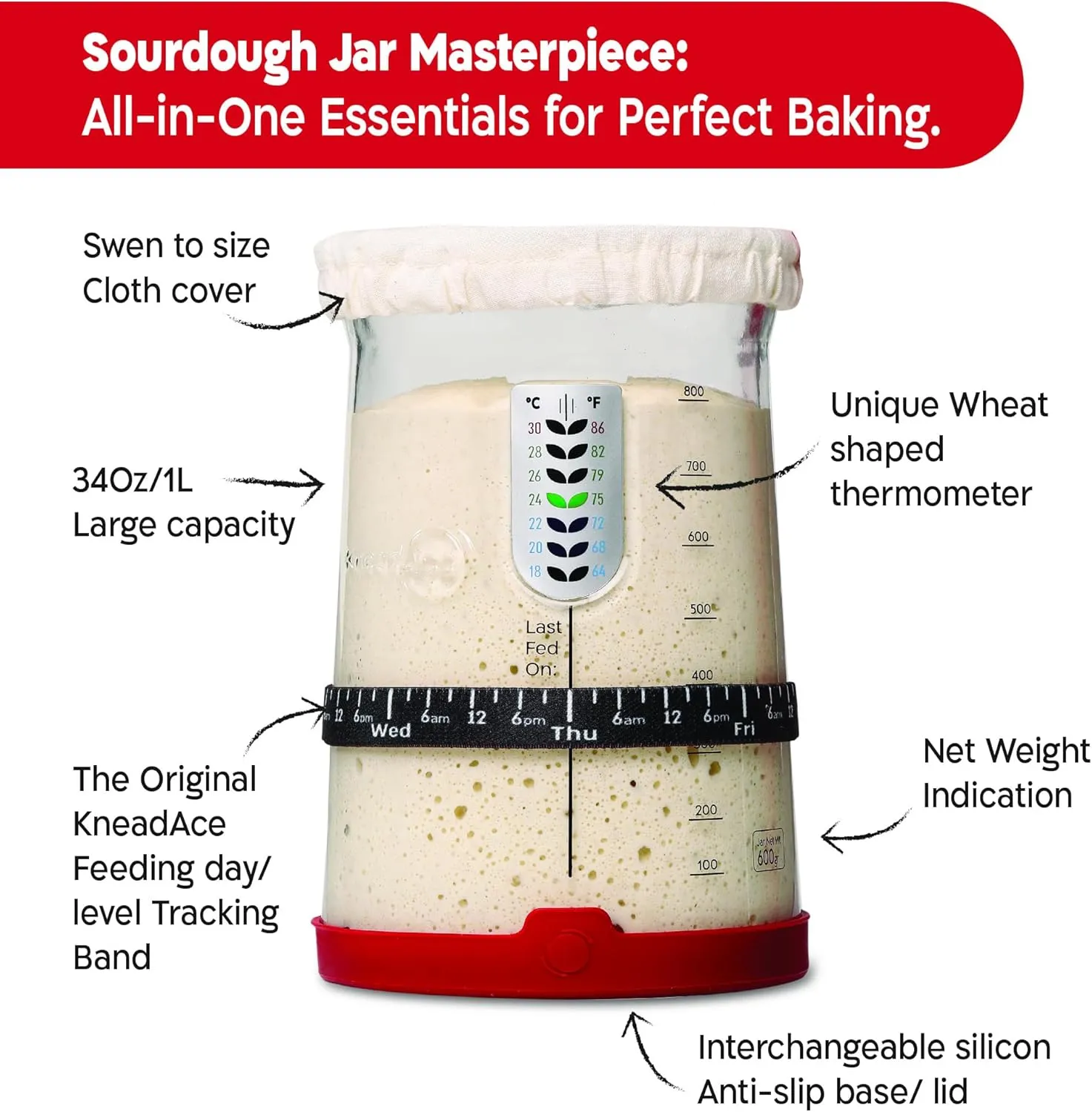 Pro Sourdough Bread Starter Kit- 34 oz Large Capacity Sourdough Starter Jar with 5 unique features for the perfect sour dough bread & sourdough starter kit- sourdough bread baking supplies