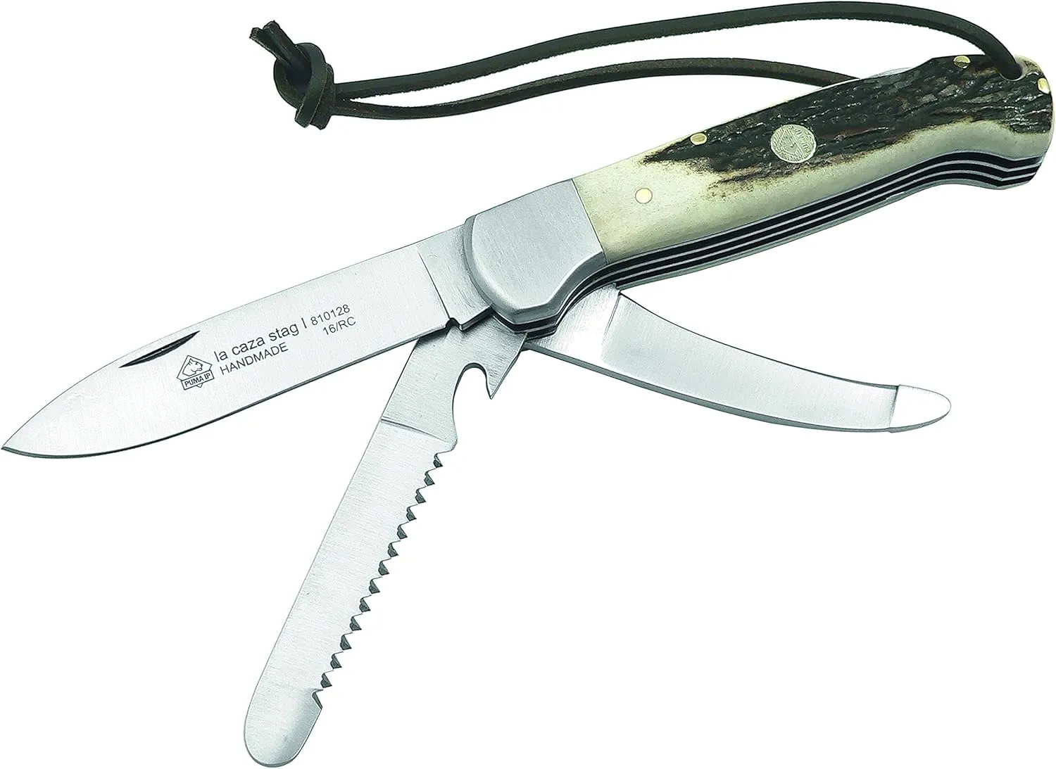 Puma IP la Caza stag I Hunting Folding Knife 810128   Gutting Blade   Bone Saw   Bottle Opener
