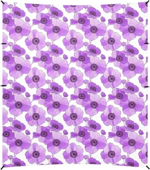 Purple Flowers White Foldable Beach Canopy UPF50 Waterproof Large Sun Shelter with Sand Shovel for Camping, Picnics, Backyard