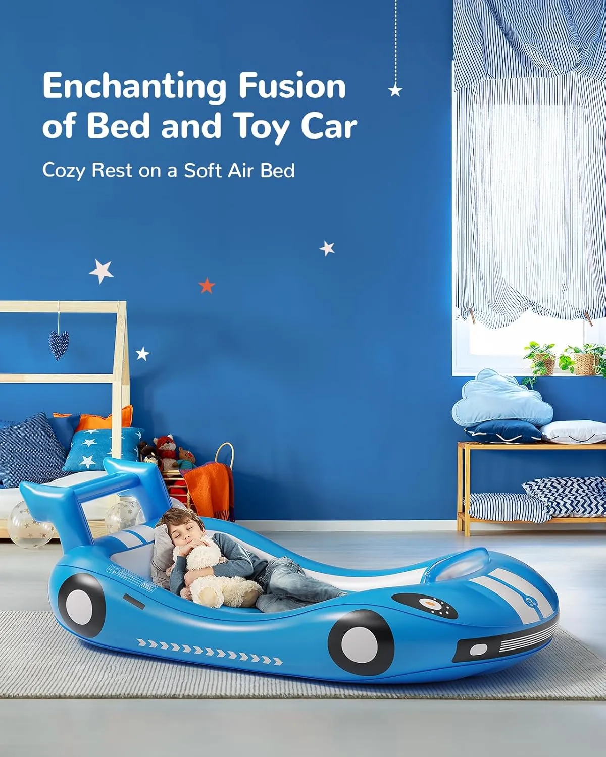 QPAU Inflatable Kids Bed, Toddler Travel Bed with Sides, for Camping, Traveling, Hotel, or Home Use, Hand Pump Included (Blue)