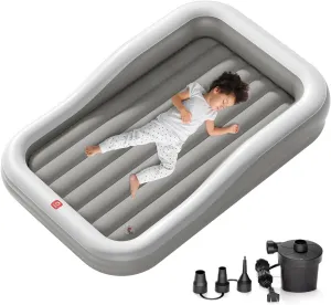 QPAU Inflatable Toddler Travel Bed with 3-Sided Safety Bumpers, Extra Large Kids Air Mattress, Includes Fast Electric Pump & Detachable Mattress, Portable for Camping, Travel, Home Use (Grey)