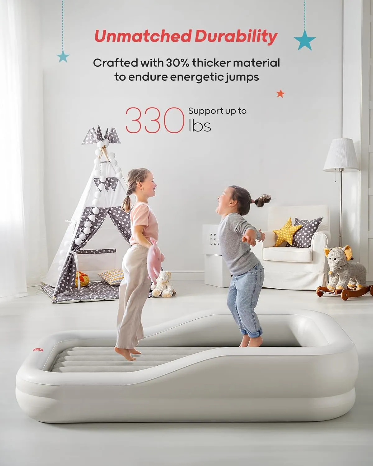 QPAU Inflatable Toddler Travel Bed with 3-Sided Safety Bumpers, Extra Large Kids Air Mattress, Includes Fast Electric Pump & Detachable Mattress, Portable for Camping, Travel, Home Use (Grey)
