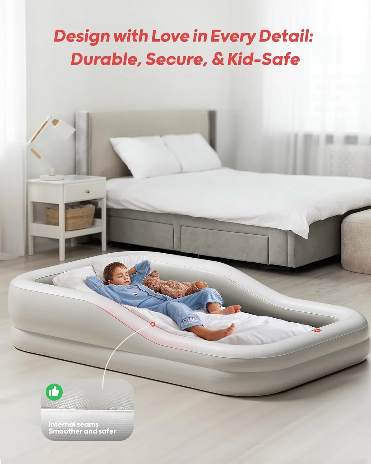 QPAU Inflatable Toddler Travel Bed with 3-Sided Safety Bumpers, Extra Large Kids Air Mattress, Includes Fast Electric Pump & Detachable Mattress, Portable for Camping, Travel, Home Use (Grey)