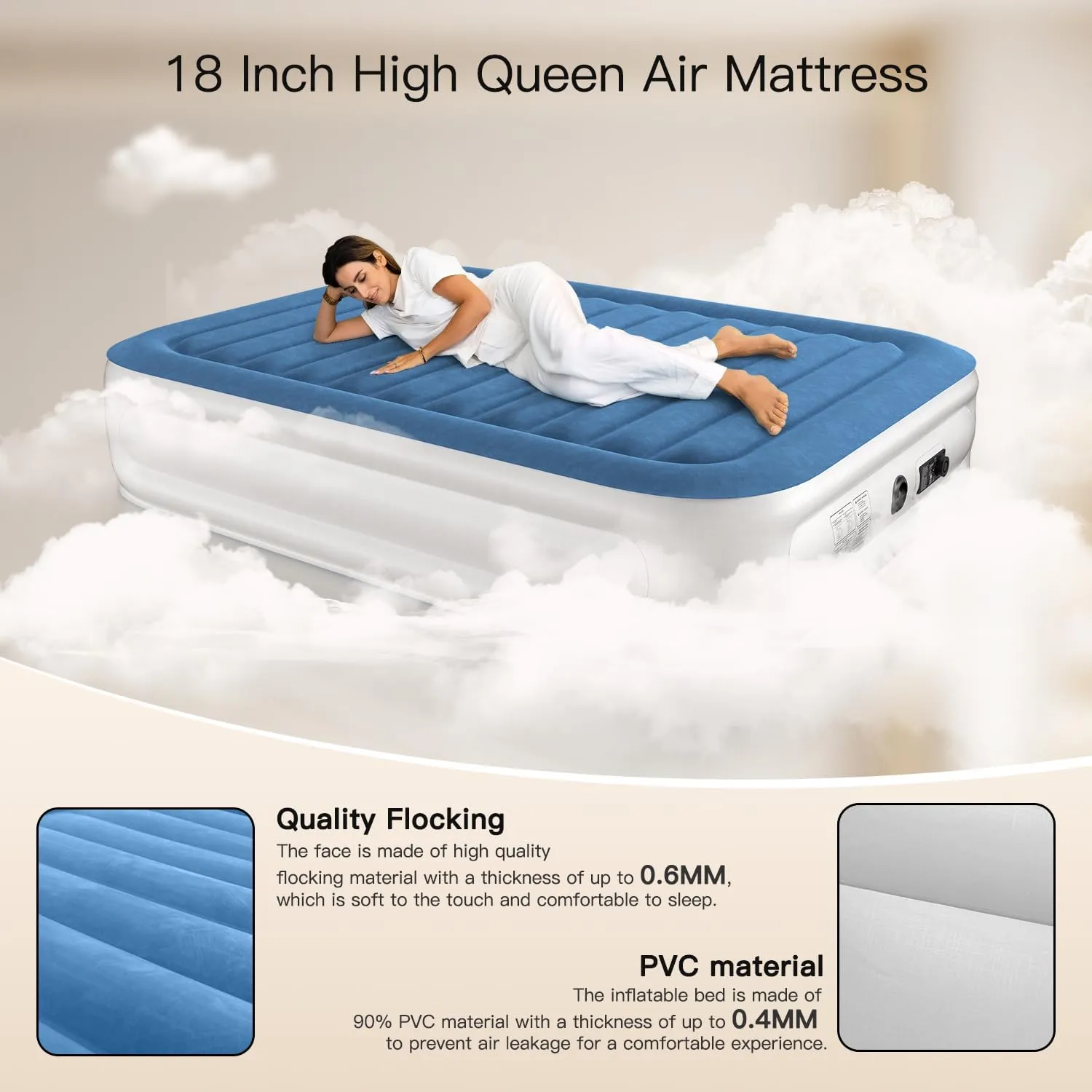 Queen Air Mattress 18 Inches High King Air Bed Mattress with Built in Pump 1 Button to Start Inflate Deflate 3 Mins Fast Self Inflating Air Mattress Suitable Indoor Outdoor