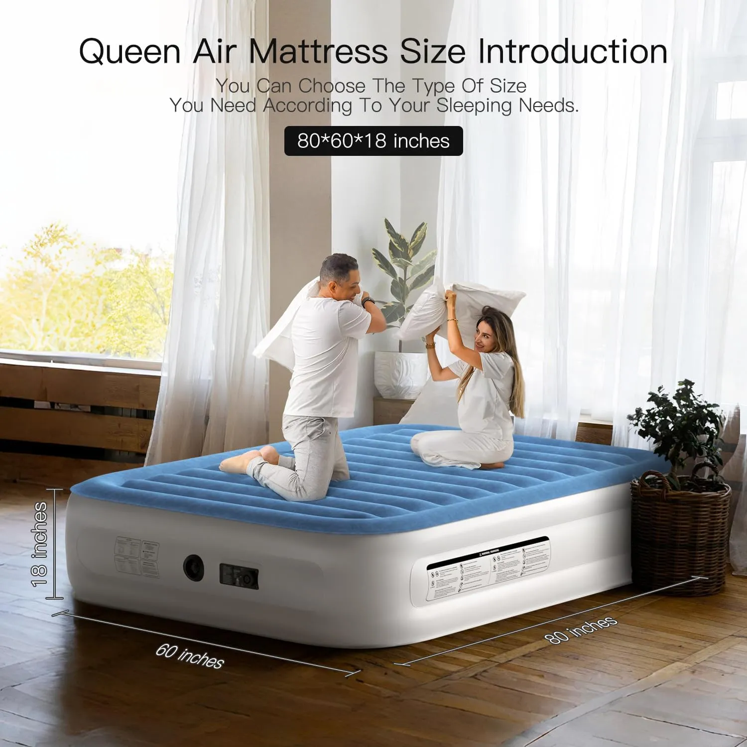 Queen Air Mattress 18 Inches High King Air Bed Mattress with Built in Pump 1 Button to Start Inflate Deflate 3 Mins Fast Self Inflating Air Mattress Suitable Indoor Outdoor