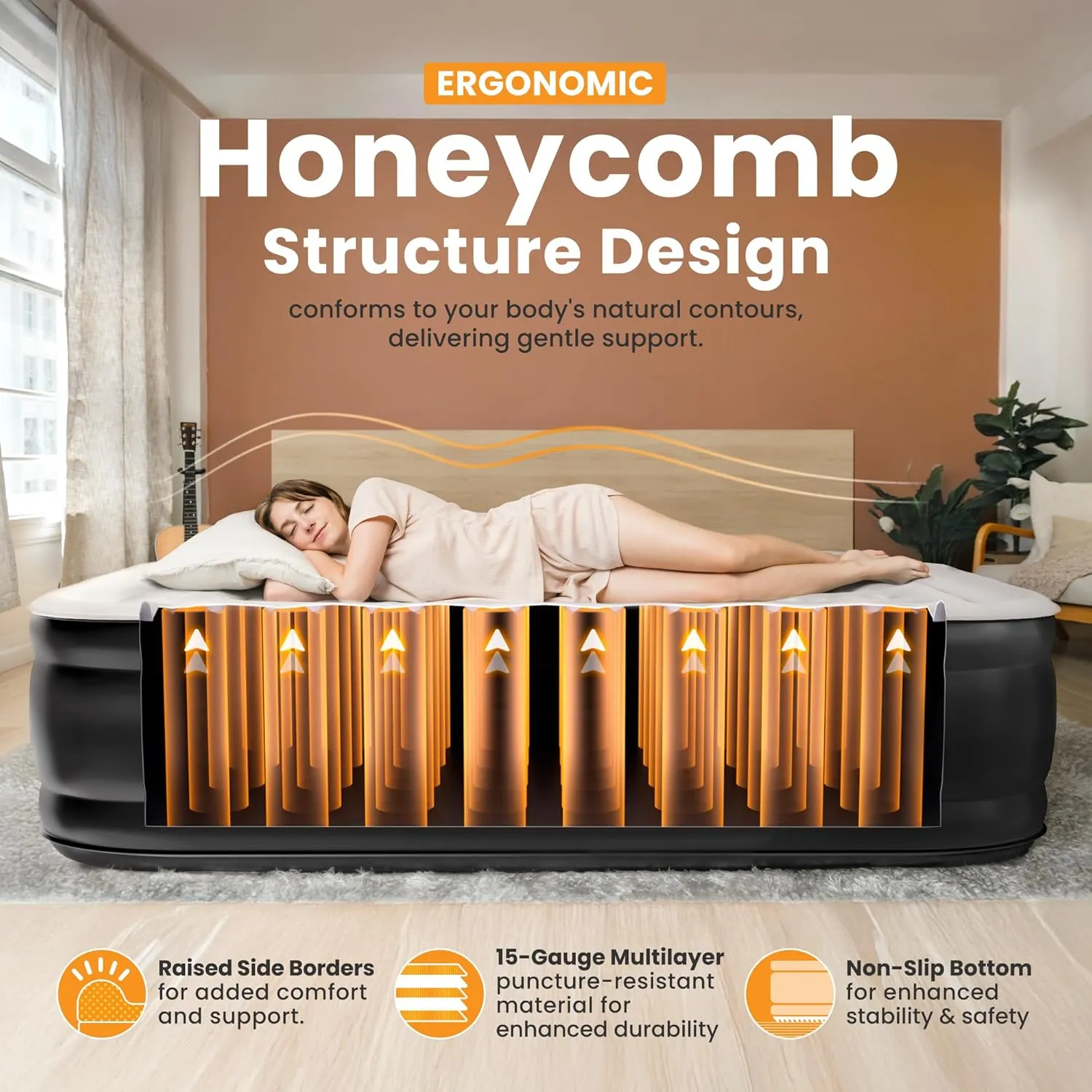 Queen Air Mattress, 18” Raised Inflatable Bed with Built-in Pump, Waterproof Velvety Top, Ergonomic Design, Reinforced Support, and Carry Bag for Home, Camping, and Guests