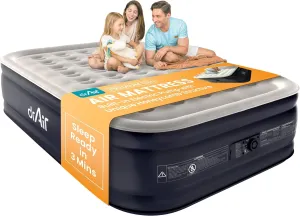 Queen Air Mattress, 18” Raised Inflatable Bed with Built-in Pump, Waterproof Velvety Top, Ergonomic Design, Reinforced Support, and Carry Bag for Home, Camping, and Guests