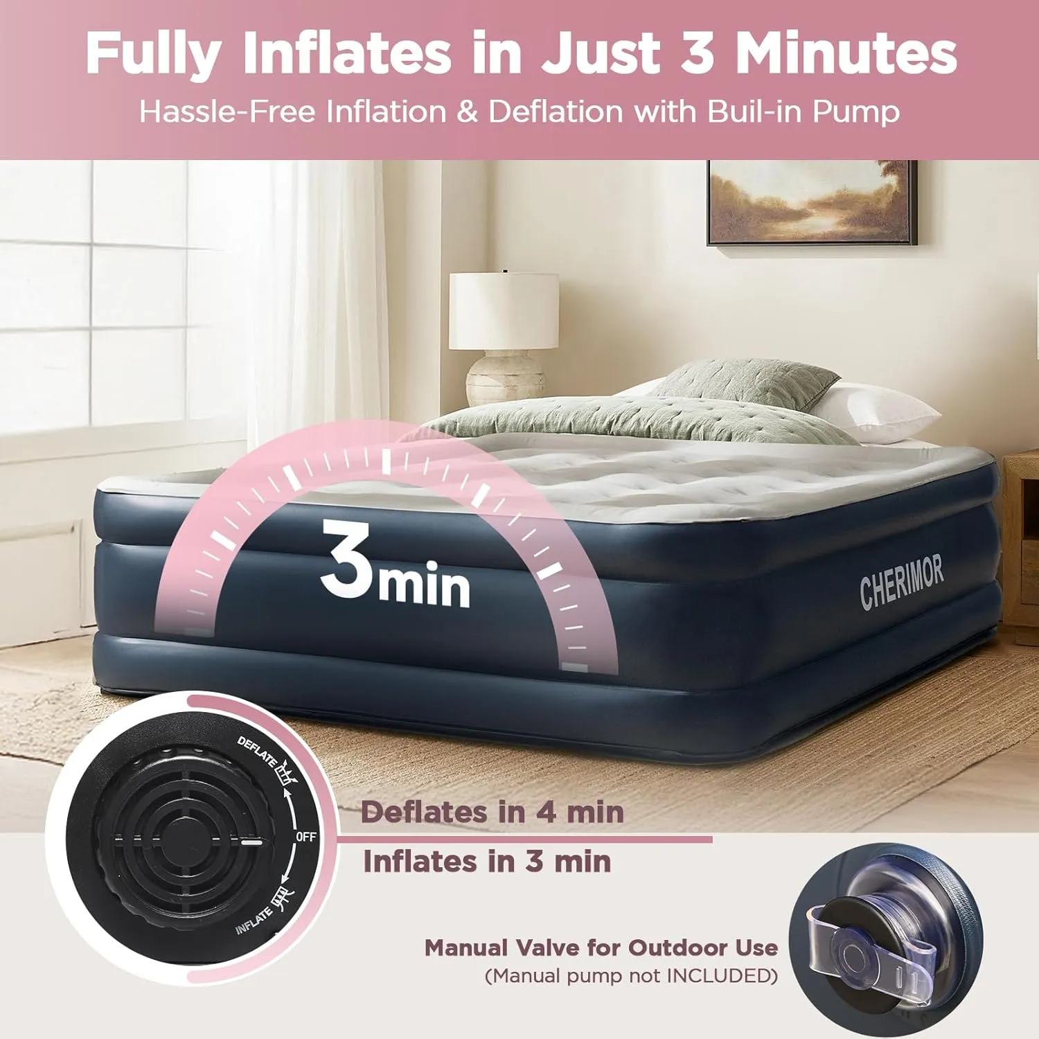 Queen Air Mattress with Built in Pump, 18" Elevated Height, 48Hr Leak-Tested, Honeycomb Coil Support, 800 lbs Capacity, Fast 3-Min Inflation–Blow Up Mattress for Guest Room & Sleepover
