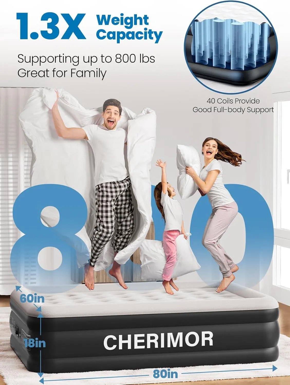 Queen Air Mattress with Built-in Pump, 18" Raised Comfort, 48Hr Leak-Proof Test, Upgraded Honeycomb Pillar Design, Supports 800 lbs, 3-Min Inflation-Inflatable Bed for Home Guests & Camping