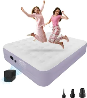 Queen Air Mattress with Built-in Pump - 18" Raised Velvet Plush Inflatable Bed, Waterproof Portable Blow Up Mattress for Camping, Home Guests, Travel & Emergency Use - Purple