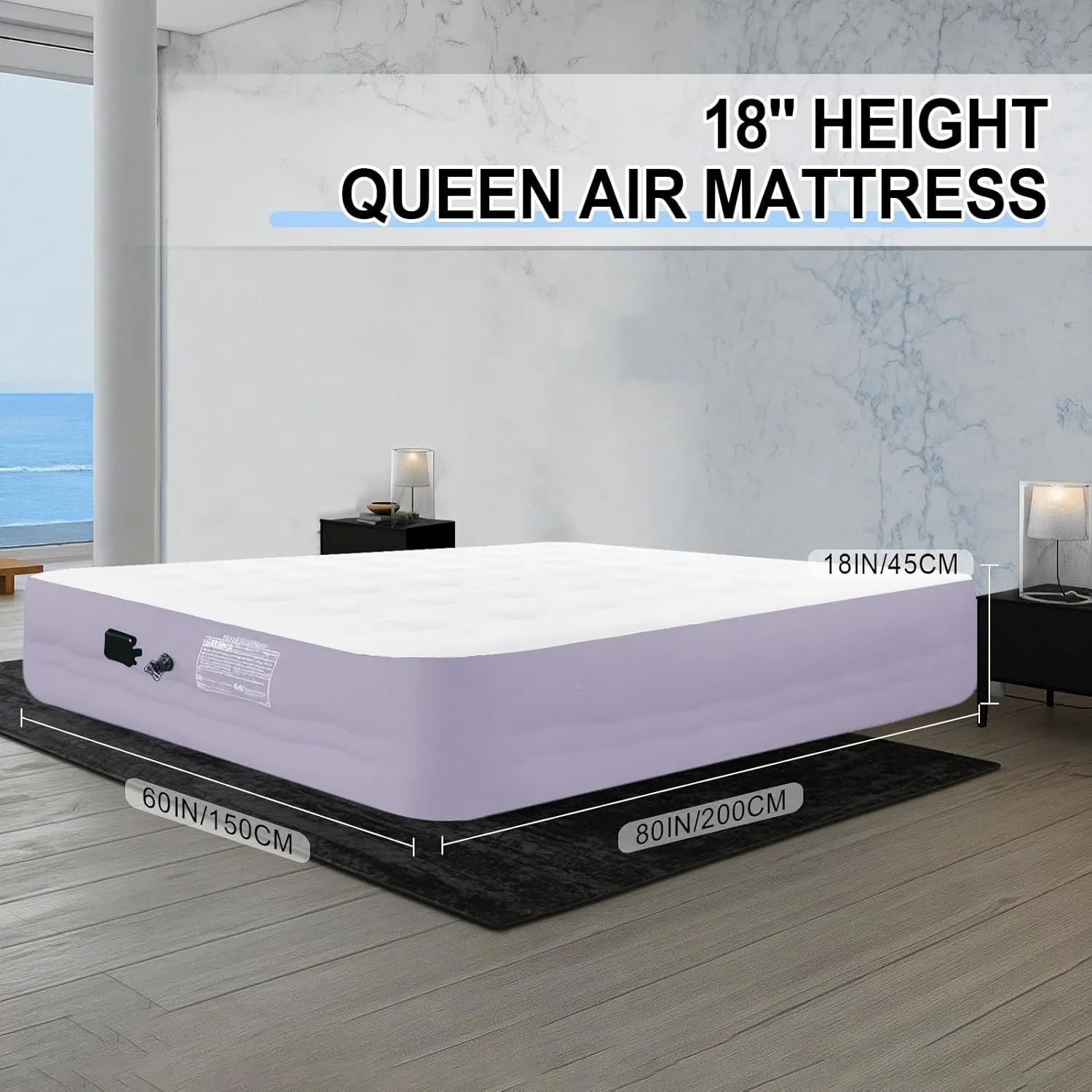 Queen Air Mattress with Built-in Pump - 18" Raised Velvet Plush Inflatable Bed, Waterproof Portable Blow Up Mattress for Camping, Home Guests, Travel & Emergency Use - Purple