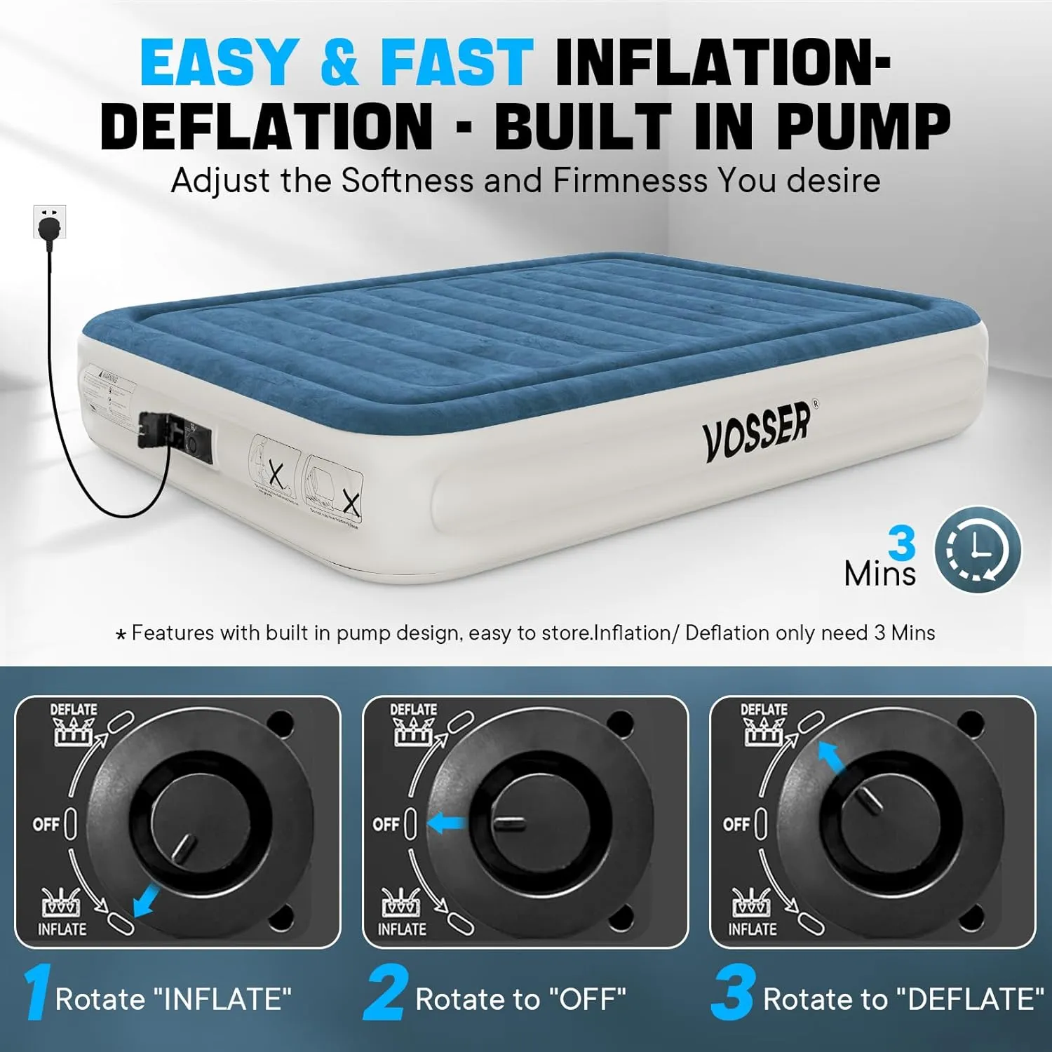 Queen Air Mattress with Built-in Pump,Fast & Easy Inflation/Deflation Inflatable Mattress, Foldable Blow Up Mattress with Storage Bag, Inflatable Bed for Home, Camping & Guests